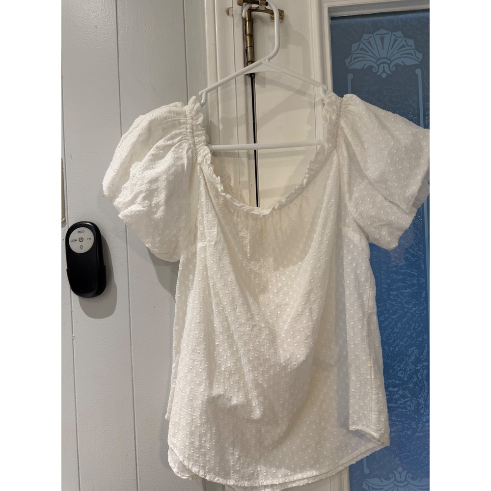 Maeve Anthropologie White Swiss Dot Puff Sleeve Ruffle Neck Cotton Blouse Size 4
